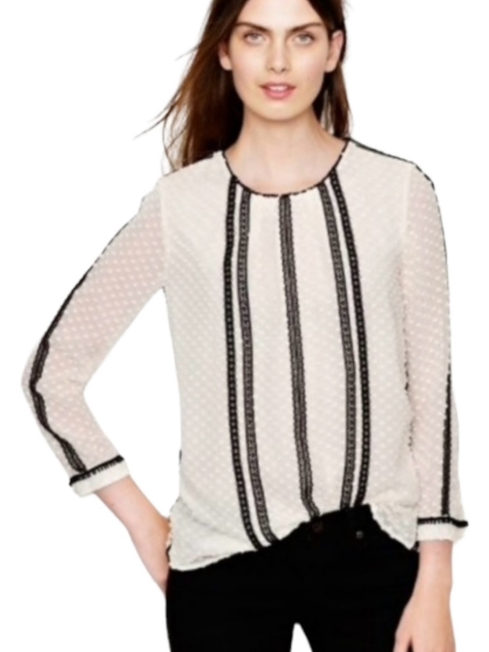 J. Crew Ivory Swiss Dot Blouse with Black Lace Stripes